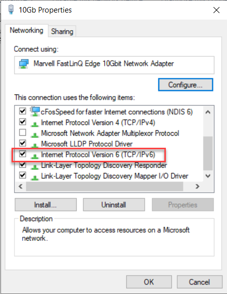 Windows Netzwerkadapter IPv6 Binding