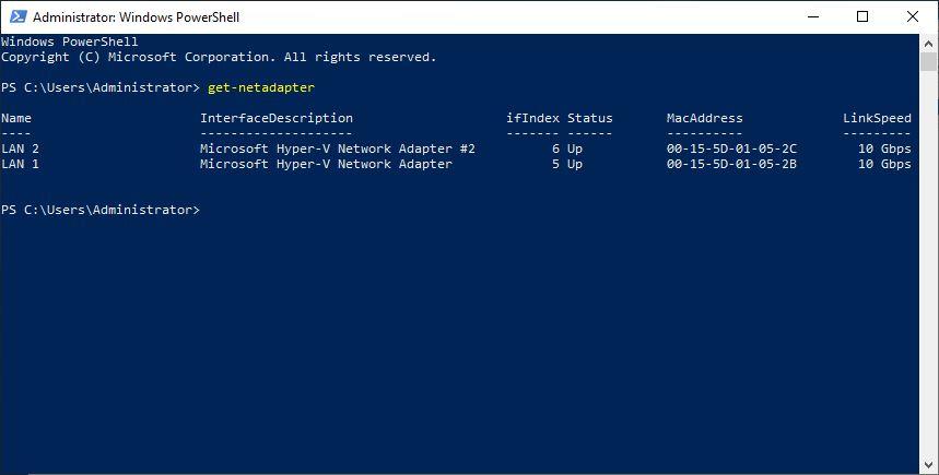 Windows Server Netzwerk Adapter Ansicht in Powershell