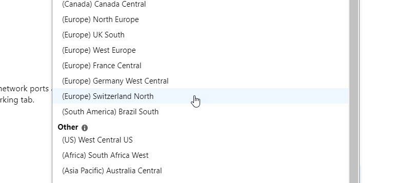 Azure Dashboard Region Switzerland North