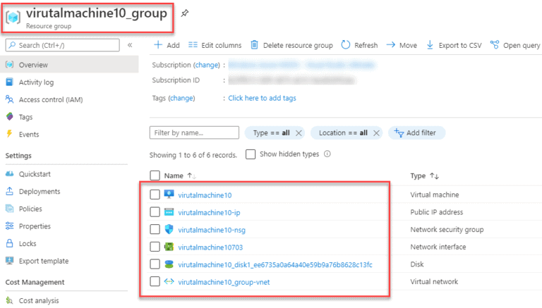 Azure Dashboard VM erstellen - autogenerierte Ressourcen