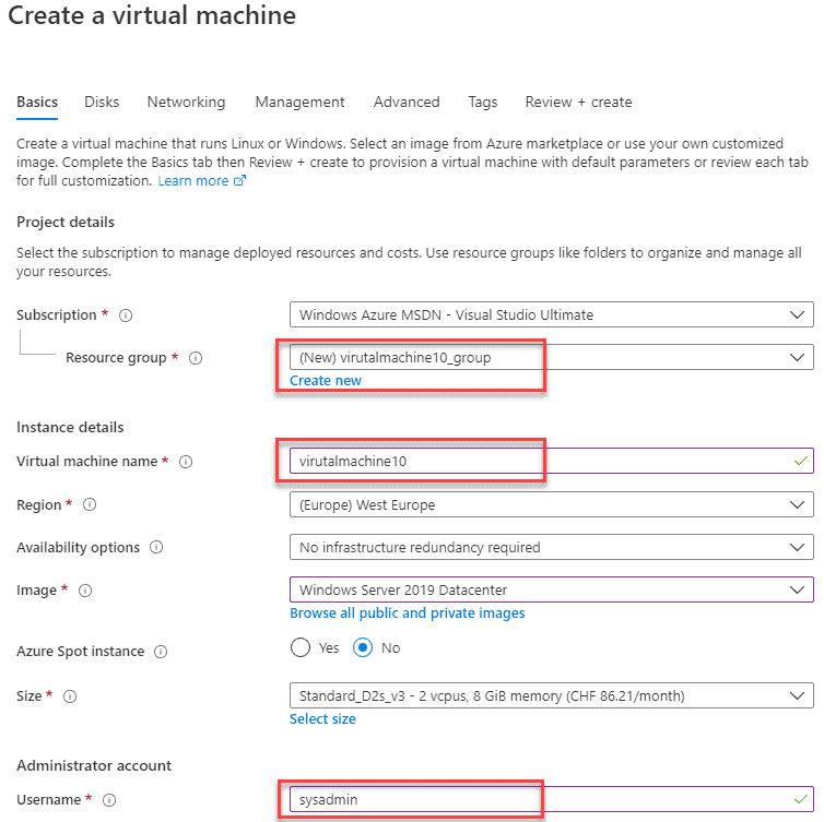 Azure Dashboard VM erstellen - Basics